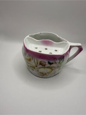 Vintage Bavarian Porcelain Floral Shaving Mug w/ Brush Holder Holes Pink Trim